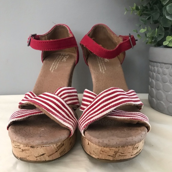 Toms Red Stripe Wedge Sandals - Picture 3 of 5